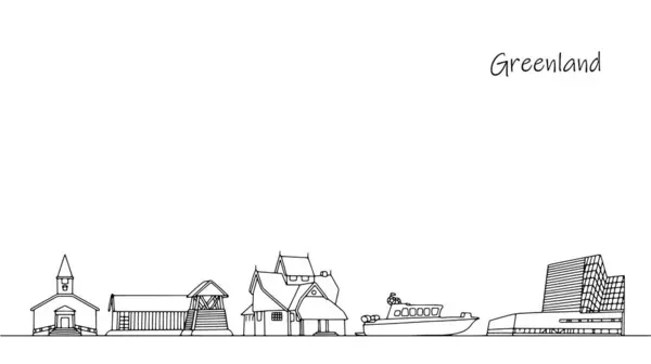 格陵兰的全景和街道 一种简单的黑线图解 用于旅游 网站设计和印刷品 矢量图形