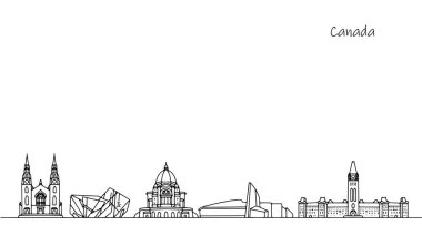 Kanada 'daki güzel ve alışılmadık mimari yapılar. Amerikan ülkesinin sokaklarının panoraması. Seyahat teması üzerine siyah-beyaz çizimler.