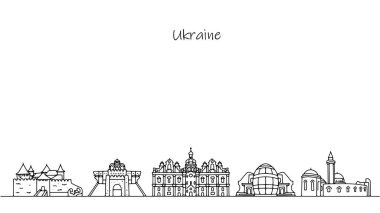Ukrayna 'nın el yapımı mimari binaları. Turistlerin Kyiv ve ülkenin diğer şehirlerinde ziyaret etmeyi sevdiği yerler. Farklı kullanımlar için basit vektör illüstrasyonu.