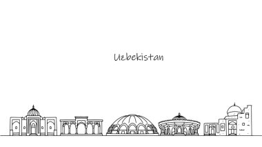 Özbekistan şehir manzarası. Bu ülkede görülebilen sokaklar ve binalar. Seyahat teması üzerine basit bir el çizimi çizimi. Vektör illüstrasyonu.