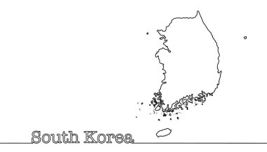 Güney Kore 'nin el çizimi geometrik haritası. Doğu Asya 'da. Beyaz arkaplanda sürekli çizgi çizimi.