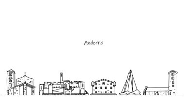 Andorra Prensliğinin manzarası. Avrupa ülkesinin mimari ve turistik yerleri. Turizm sektöründe kullanmak için elle çizilmiş basit bir illüstrasyon. Vektör.