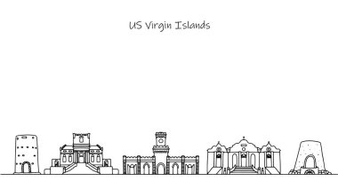 ABD Virgin Adaları 'nın şehir manzarası. Binalar ve mimari basit çizgilerle çizilmiş. Farklı kullanımlar için vektör illüstrasyonu.