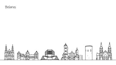 Belarus 'un şehir manzarası. Binalar, mimari ve ülkenin eğlenceleri. Farklı kullanımlar için basit bir illüstrasyon.