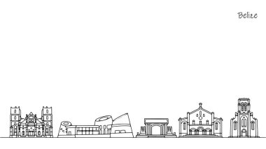 Belize 'nin yaratıcı mimari binaları. Amerikan ülkesinin manzarası. Beyaz zemin üzerinde siyah çizgiler olan basit bir illüstrasyon. Vektör.