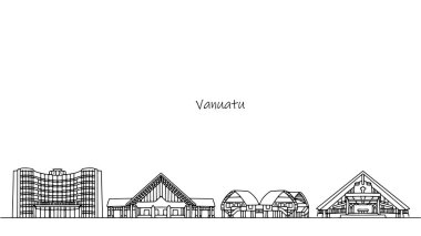 Vanuatu kültürünü yansıtan alışılmadık bir mimari. Ada devletinin manzarası. Siyah ve beyaz vektör çizimi.