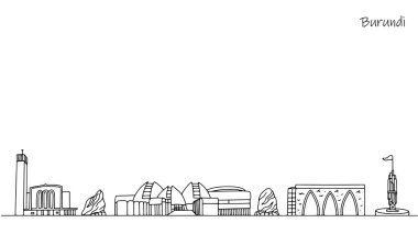 Burundi 'nin şehir manzarası. Bir Afrika ülkesinin mimarisi. Beyaz arka planda siyah çizgilerle çizilmiş simgeler. Vektör illüstrasyonu.