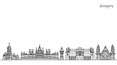 Macaristan 'ın muhteşem mimarisi. Bir Avrupa ülkesinin sokakları ve parkları. Seyahat ve turizm temasında el işaretleri çizildi. 