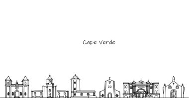 Ada ülkesi Cape Verde 'nin güzel mimarisi ve binaları. Kültürel ve tarihi öneme sahip binalar. Vektör.
