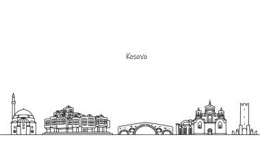 Kosova Cumhuriyeti 'nin manzaraları. Kültürel ve dini binalar şeklinde bir şehir manzarası. Basit siyah beyaz illüstrasyon.