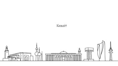 Kuveyt 'in tarihi ve kültürel cazibeleri. Bir Asya ülkesinin şehir manzarası. Turizm kullanımı için siyah çizgileri olan binalar. Vektör.