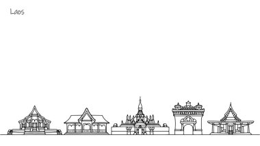 Laos sokaklarının panoraması. Asya tarzında devletin etkileyici mimarisi. Şehir manzarası. Ülke turu. Vektör.