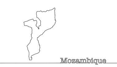 Mozambik Cumhuriyeti 'nin basit coğrafi haritası. Güney Afrika 'nın doğu kıyısında yer alan bir ülke. Siyah beyaz illüstrasyon.