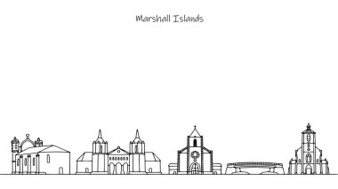 Marshall Adaları 'nın kültürel ve dini binaları. Turizmde kullanılmak üzere siyah-beyaz çizimler. Vektör illüstrasyonu.