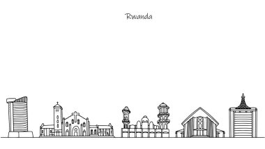 Afrika devleti Ruanda sokaklarının panoraması. Ülkenin modern ve tarihi mimarisi. Basit çizgilerle çizilmiş simgeler. Vektör illüstrasyonu.