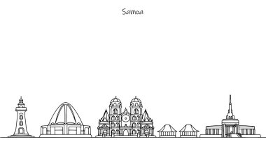 Samoa şehri manzarası. Modern devletin kültürel ve tarihi binaları. Turizm konulu vektör illüstrasyon.