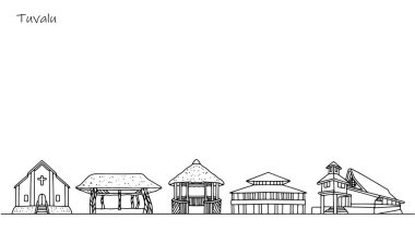 Tuvalu sokaklarının panoraması. Mimari bir Pasifik ulusunun kültürünü yansıtıyor. Farklı kullanımlar için vektör illüstrasyonu.