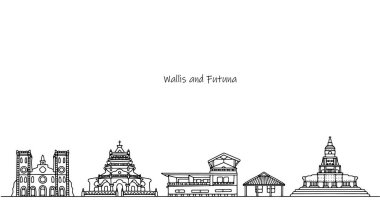 Wallis ve Futuna adasının şehir manzarası. Kültürel ve tarihsel önemi olan eski ve modern mimari. Vektör illüstrasyonu.