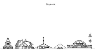 Uganda sokaklarının panoraması. Afrika ülkesinde turistleri çeken binalar. Farklı kullanım alanları için bir dizi binayla vektör illüstrasyonu.