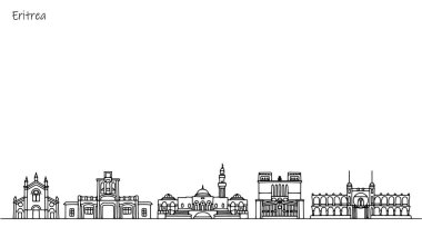 Eritre sokaklarının panoraması. Afrika ülkesinin binaları ve simgeleri. Farklı kullanımlar için vektör illüstrasyonu.