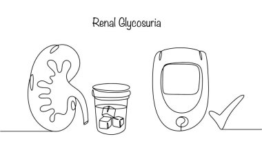 A drawn kidney and a urine test showing the presence of glucose. Nearby is a glucometer showing Norse blood sugar. Renal glycosuria. The appearance of glucose in the urine without hyperglycemia. clipart