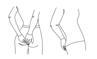 Bir kadın ve bir erkek perianal bölgede acı çekiyorlar. Hemoroidler. Fiziksel ve psikolojik rahatsızlığa neden olan bir hastalık. Vektör illüstrasyonu.