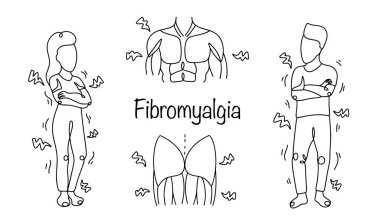 Fibromiyalji. Kronik yaygın kas iskeleti ağrısının hissedildiği patolojik bir durum. Bir kadın ve bir erkek fibromiyalji nedeniyle vücut ağrısı çekerler. Vektör illüstrasyonu.