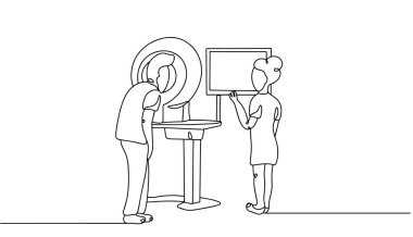 Bir göz doktoru bilgisayar dergisi için modern teknolojileri kullanır. Göz tansiyonu ve optik nöropati teşhisi için hastanın görme alanını ölçüyorum. Tıbbi vektör.