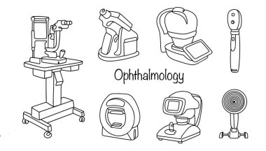 The drawn basic instruments are used by an ophthalmologist in his work to diagnose the patients vision and the reasons for its deviation from the norm. Modern ophthalmic medical equipment.  clipart