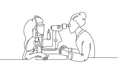 Bir göz doktoru yarık lamba kullanarak muayene eder. Kornea, iris, lens ve ön oda inceleniyor. Bir doktor tarafından göz muayenesi. Vektör illüstrasyonu.