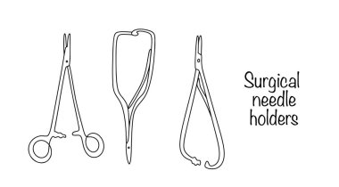 Drawn main types of surgical needle holders. Medical instrument for manipulating a surgical needle. Simple line vector illustration. clipart