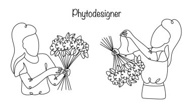 Bir kadın güzel bir buket çiçek yapar. O, çiçekleri güzelce düzenledi ve bitmiş buketi kurdeleyle bağladı. Farklı kullanımlar için basit vektör illüstrasyonu.