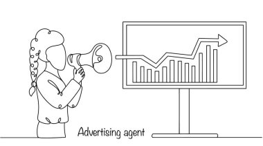 Hoparlörlü bir kadın reklam ajansı olarak çalışıyor. Çeşitli müşteriler için reklam stratejileri yaratıyor ve uyguluyor. Terfi için uygun kanallar seçiyor. Basit vektör.