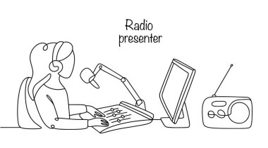 Hatlar çizilmiş kadın radyo programları sunuyor, izleyicilerle etkileşime geçiyor, programları, müziği, haberleri ve diğer materyalleri duyuruyor. Radyo sunuculuğu. Beyaz arkaplanda izole edilmiş vektör.