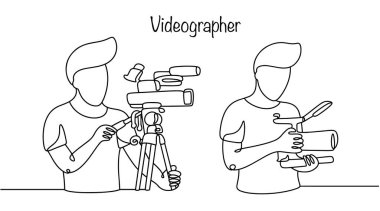Elinde video kamera olan el çizimi bir adam. Kamerayı çalıştıran, açıları, ışıklandırmayı seçen ve video prodüksiyon sürecinin teknik kısmından sorumlu olan kameraman. Vektör illüstrasyonu