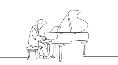 Bir adamın sürekli çizdiği çizim. Hevesle piyano çalan, kendini melodiye daldıran bir adam. Elleri tuşların üzerinde süzülerek boşluğu müzikle dolduruyor. Basit vektör illüstrasyonu