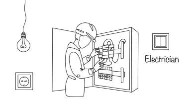 Bir elektrikçi elektrik sistemleri, cihazları ve ekipmanları kurar, onarır ve bakımını yapar. Elektrik paneliyle çalışıyor. El yapımı profesyonel elektrikçi. Vektör illüstrasyonu.