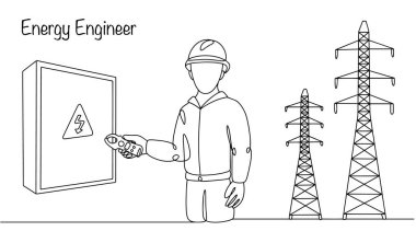 Bir enerji mühendisi elinde bir sayaç tutuyor. Elektrik paneli ve yüksek voltaj hattının yanında duruyor. Enerjinin rasyonel kullanımından ve tüketimin izlenmesinden sorumludur..