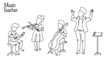 Müzik öğretmeni öğrencilere müzik disiplini öğretir, müzik becerilerini geliştirir, müzik aletleri çalma becerilerini geliştirir. El çizimi öğretmeni ve çocuklar müzik dersinde. Basit vektör.