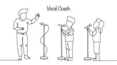 Vocal hocası çocuklara şarkı söylemeyi öğretiyor, vokal becerilerini, nefes alma tekniklerini, eklemlerini ve müzikal dışavurumlarını geliştiriyor. Farklı kullanımlar için basit vektör illüstrasyonu.