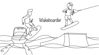 Wakeboardcu. Wakeboard ile meşgul bir sporcu, bir tekne tarafından çekilen bir su cihazına biniyor. Sörf ve snowboard sporu unsurlarını birleştirerek suda çeşitli numaralar yapıyor..