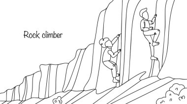 Bir erkek ve bir kadın kaya tırmanışı yapıyorlar. Kendi güç ve dayanıklılıklarını kullanarak dik bir uçuruma tırmanıyorlar. Spor ve doğa teması üzerine basit bir siyah çizgi çizimi. Vektör.