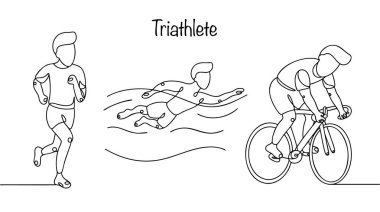 Bir adam triatlona katılıyor. Yüzme, bisiklet ve koşuyu birleştiren bir spor. Spor teması üzerine basit bir vektör çizimi. Çeşitli kullanım alanları için çok sporlu el çizimi. 