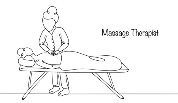 The girl lies comfortably face down. The masseur performs a back massage to relax the muscles, improve blood circulation and improve overall health of the body. Hand-drawn work of the masseur.