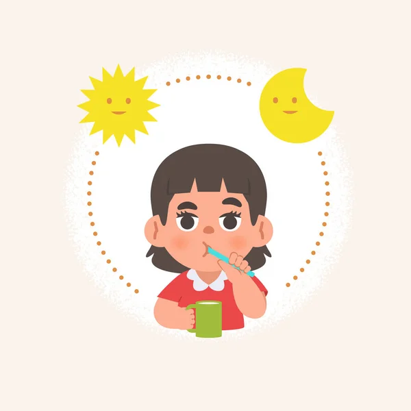 Asian Girl Cleaning Teeth Toothbrush Brushing Teeth Circle Sun Moon — Stock Vector