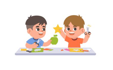 Asyalı bir çocuk ve beyaz bir çocuk resim dersinde hayal gücüyle kağıt kesimi yapıyor, beyaz arka planda resimli karakter vektör tasarımı. çocuk ve eğitim kavramı.