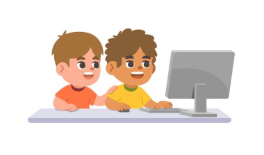 Masadaki bilgisayarı kullanan beyaz bir çocuk ve siyah bir çocuk, beyaz arkaplanda resimli karakter vektör tasarımı. çocuk ve eğitim kavramı.
