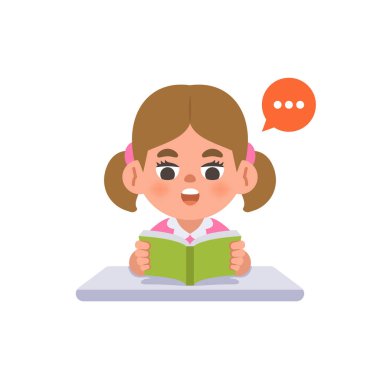 Masanın üzerinde kitabı okuyan beyaz bir kız çalışması, beyaz arkaplanda çizgi film karakteri tasarımı. çocuk ve eğitim kavramı.