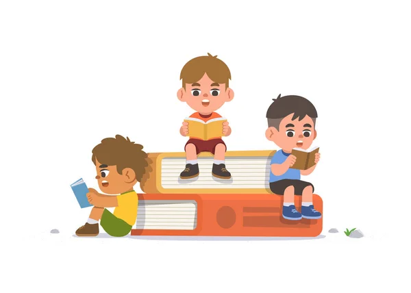 Três Meninos Lendo Sobre Livro Ilustração Desenho Vetor Caráter Dos —  Vetores de Stock