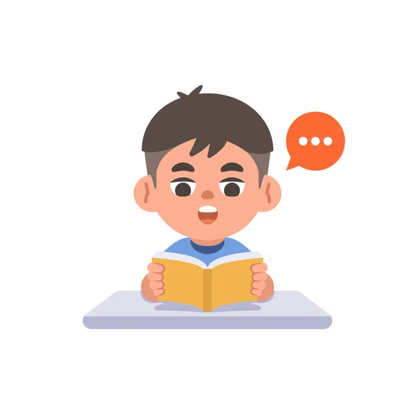机の上で本を読んでいるアジアの少年の研究 白い背景にイラスト漫画のキャラクターベクトルデザイン 子供と教育の概念は — ストックベクタ